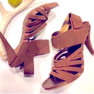 PEDRO GARCÍA-Cognac Brown Boho Suede Leather Strappy Heels-Size 8.5